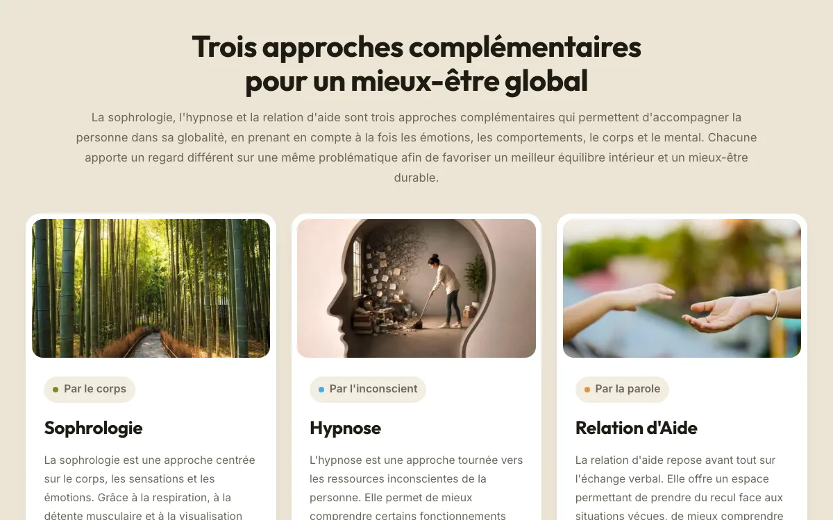 Les trois approches — sophrologie, hypnose, relation d'aide