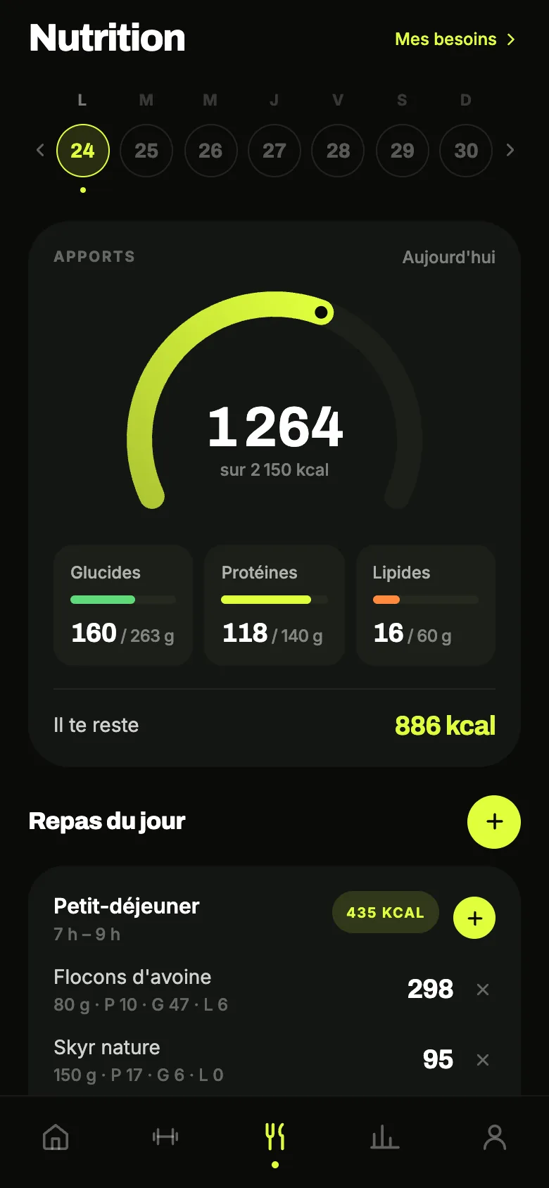 Écran Nutrition — jauge des calories du jour et barres de glucides, protéines et lipides