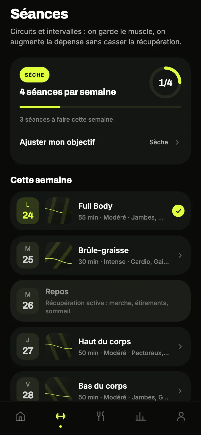 Écran Séances — programme de la semaine, séance du jour validée