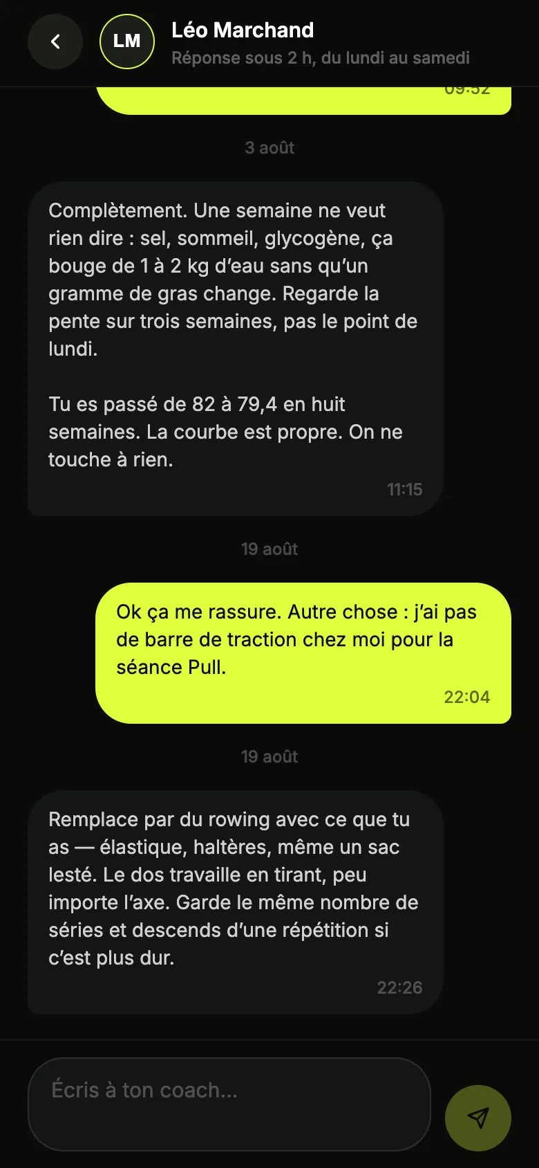 Écran de conversation avec le coach
