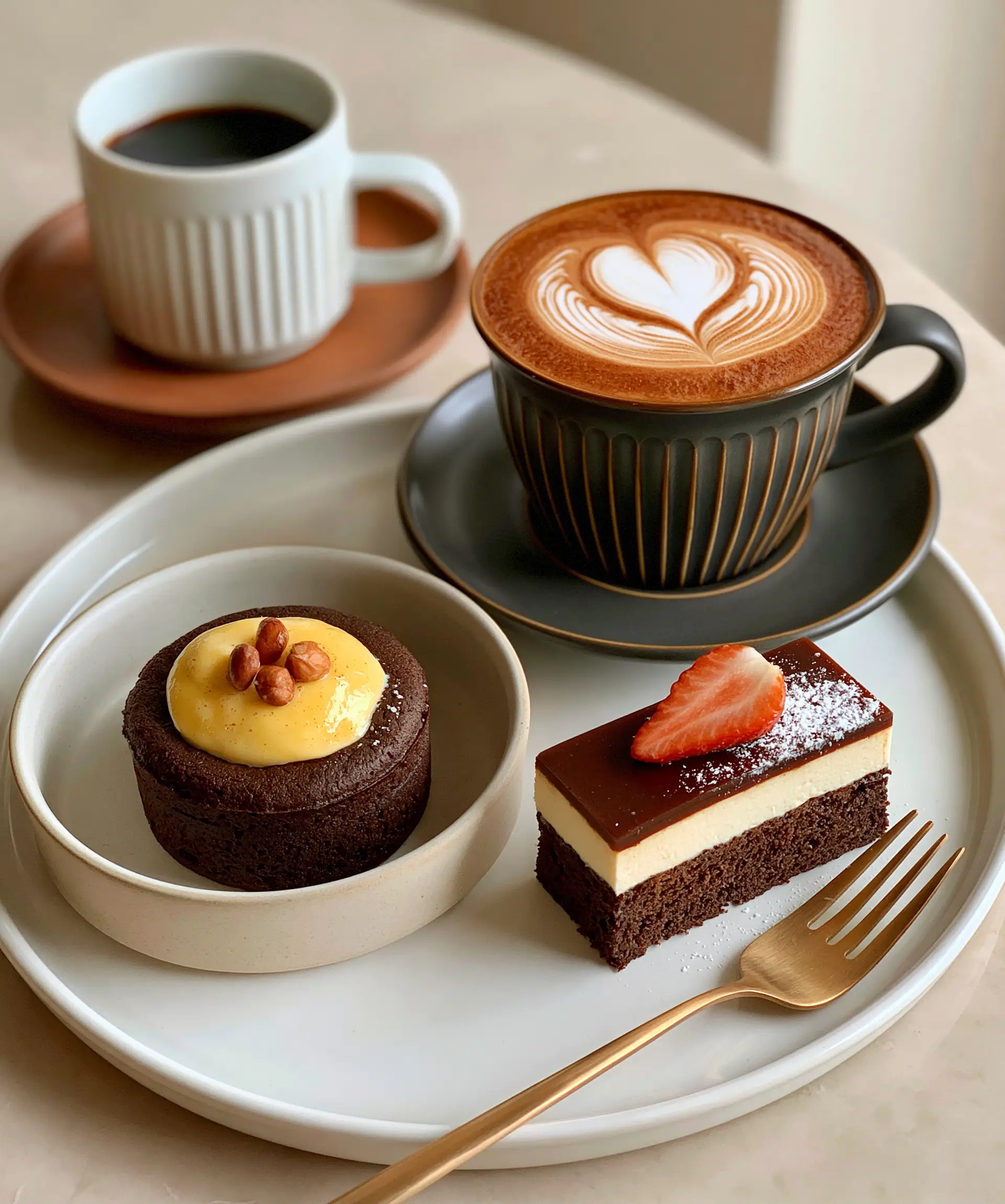 Table dressée, cafés et desserts