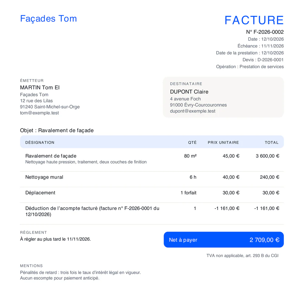 Facture finale PDF produite par BLAST pour un client fictif : lignes du devis, déduction de la facture d’acompte, net à payer de 2 709,00 € et mentions légales.